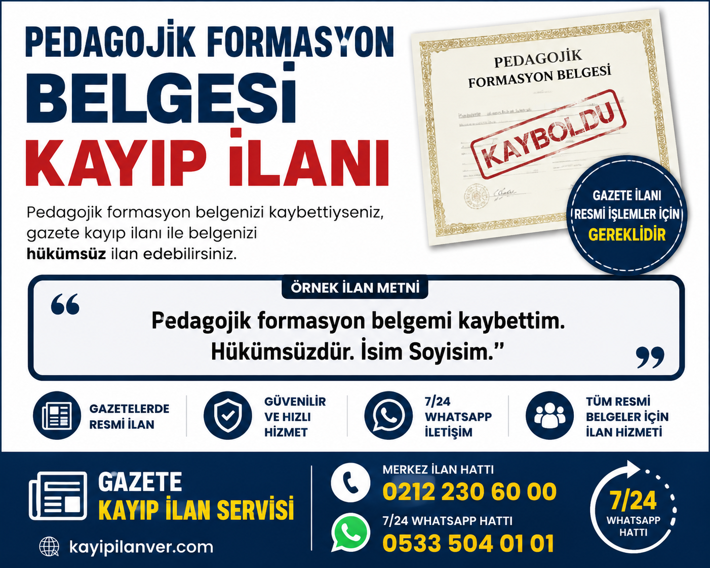 Pedagojik Formasyon Belgesi Kayıp İlanı